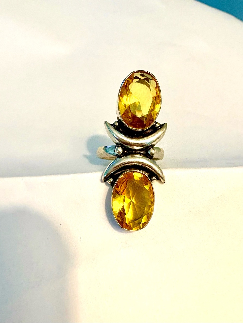 Beautiful ,1 1/2  inch, 925 marked, 2, faceted Citrine ring, size 6. - Picture 3 of 5